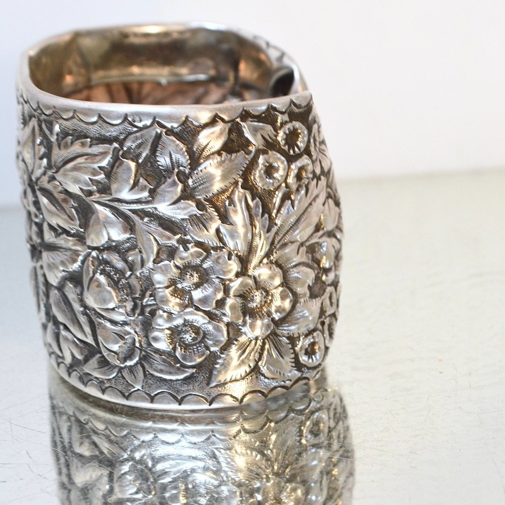 Art Nouveau Sterling Silver Floral Cuff Bracelet - Picture 11 of 12